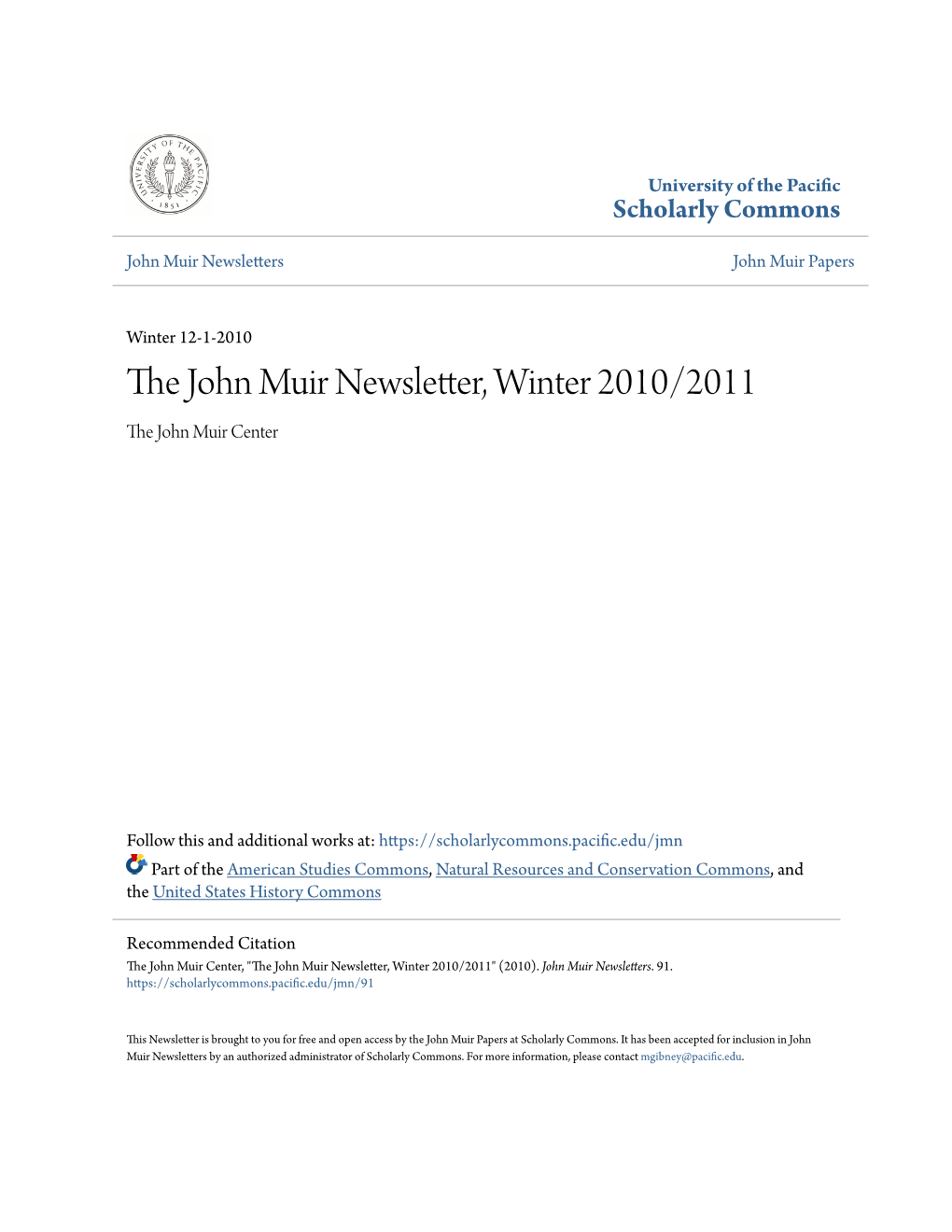 The John Muir Newsletter, Winter 2010/2011