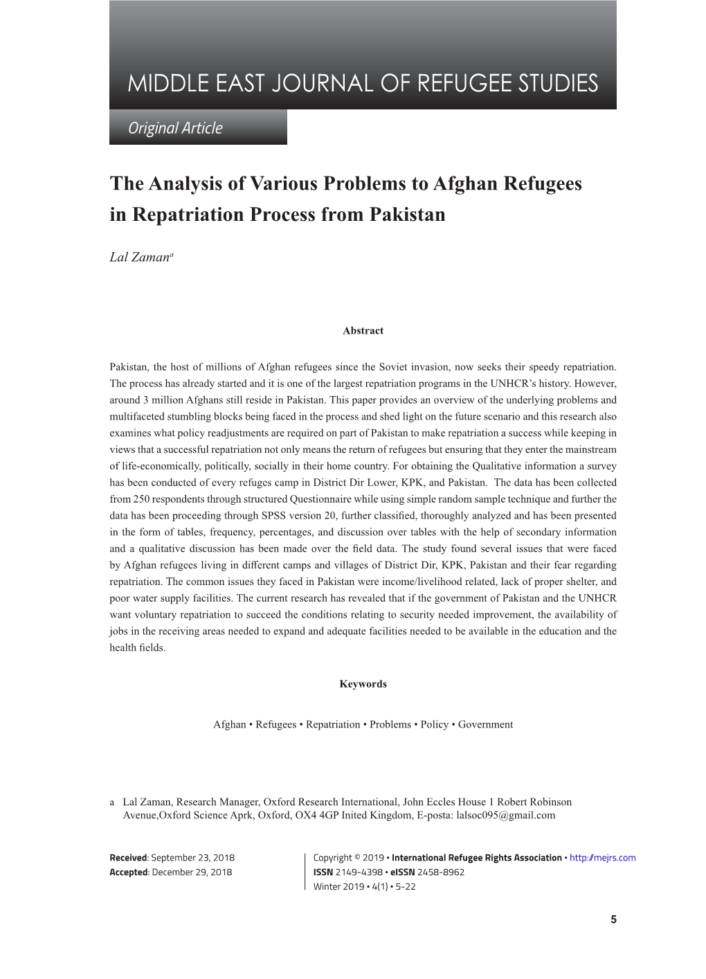 Middle East Journal of Refugee Studies