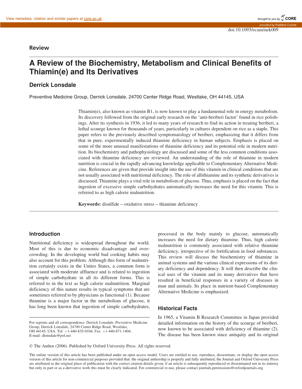 A Review of the Biochemistry, Metabolism and Clinical Benefits of Thiamin(E) and Its Derivatives