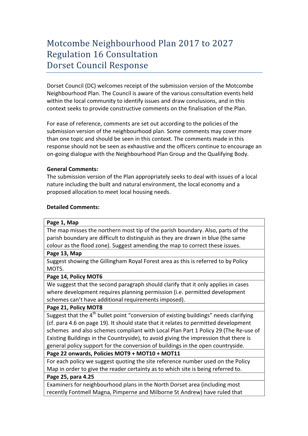 Motcombe Neighbourhood Plan 2017 to 2027 Regulation 16 Consultation