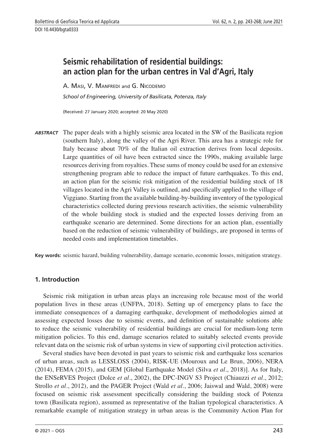 Seismic Rehabilitation of Residential Buildings: an Action Plan for the Urban Centres in Val D'agri, Italy