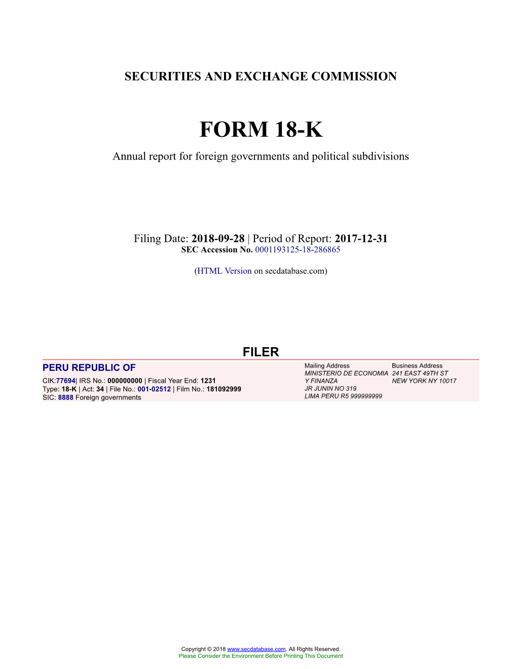 PERU REPUBLIC of Form 18-K Filed 2018-09-28