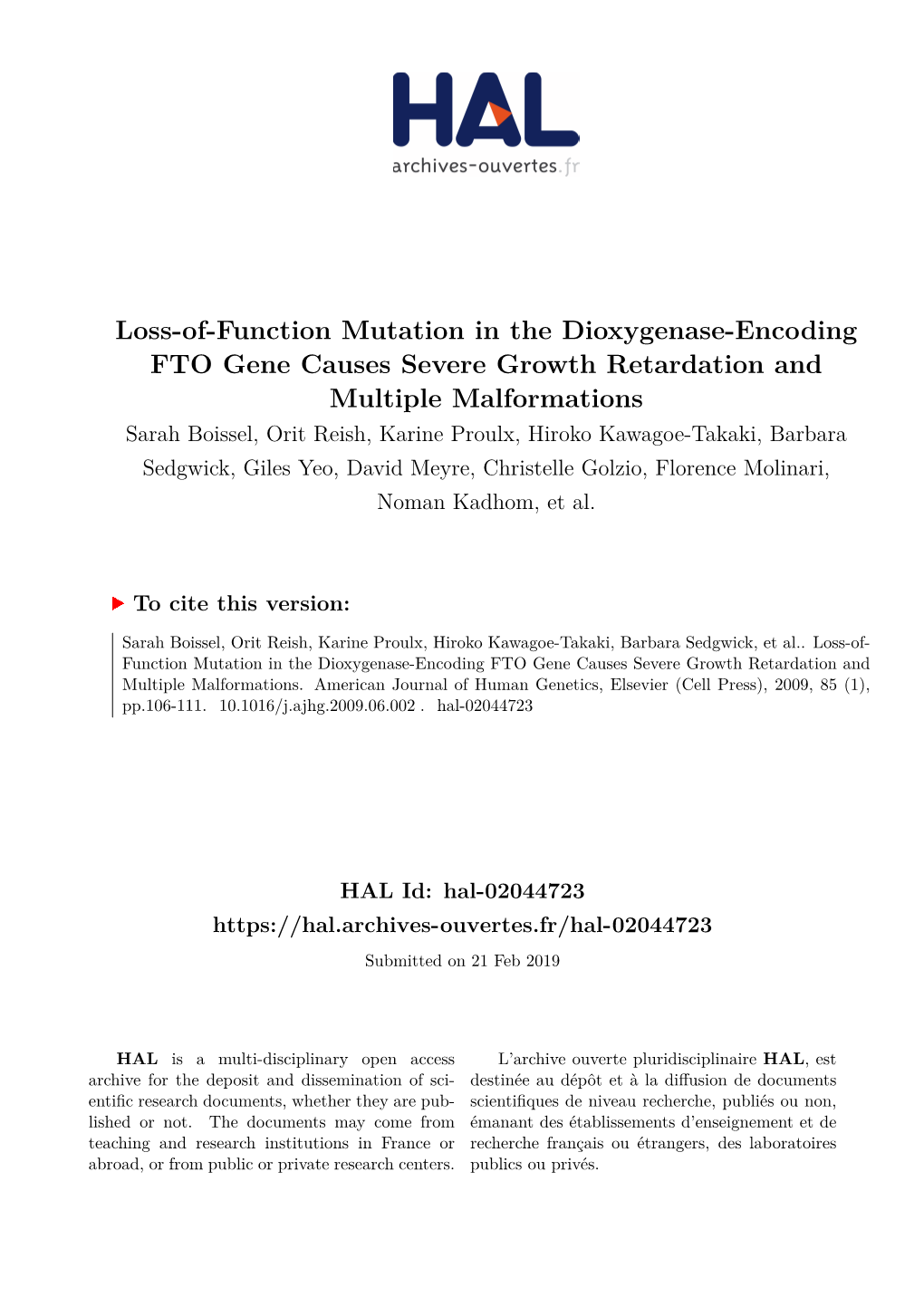 Loss-Of-Function Mutation in the Dioxygenase-Encoding FTO Gene