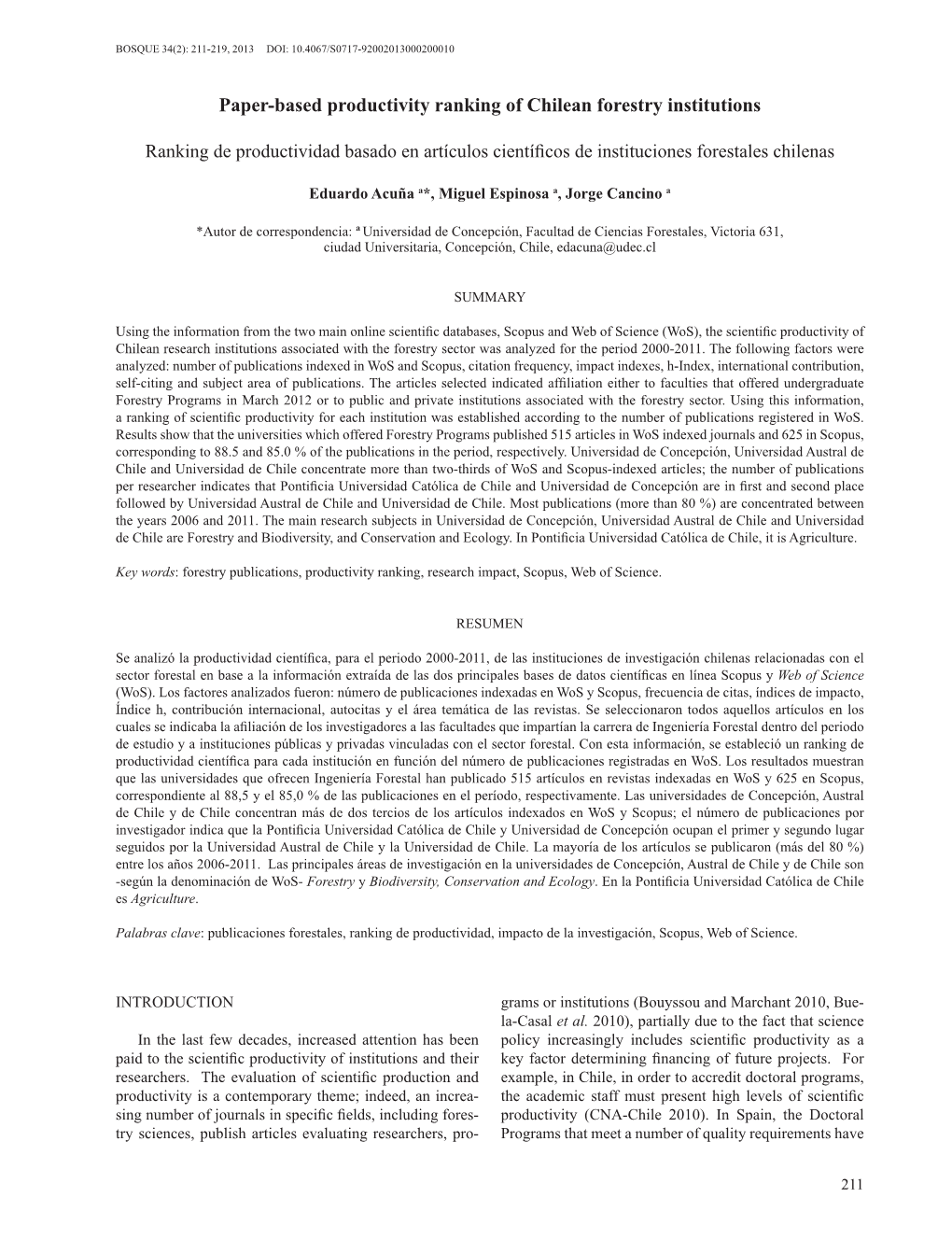 Paper-Based Productivity Ranking of Chilean Forestry Institutions