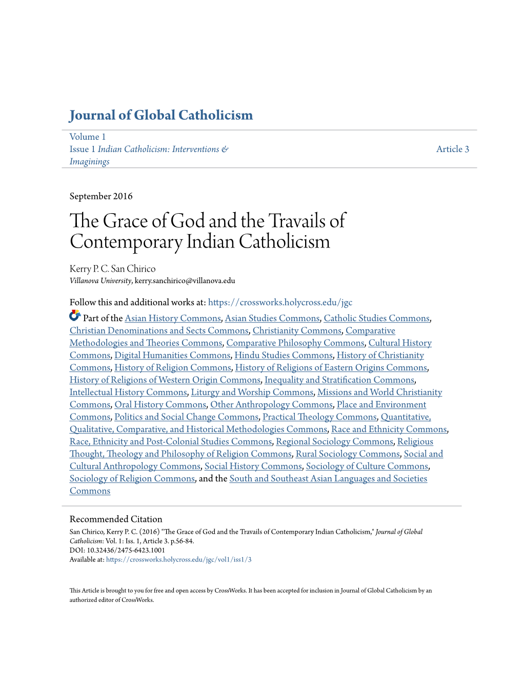 The Grace of God and the Travails of Contemporary Indian Catholicism Kerry P