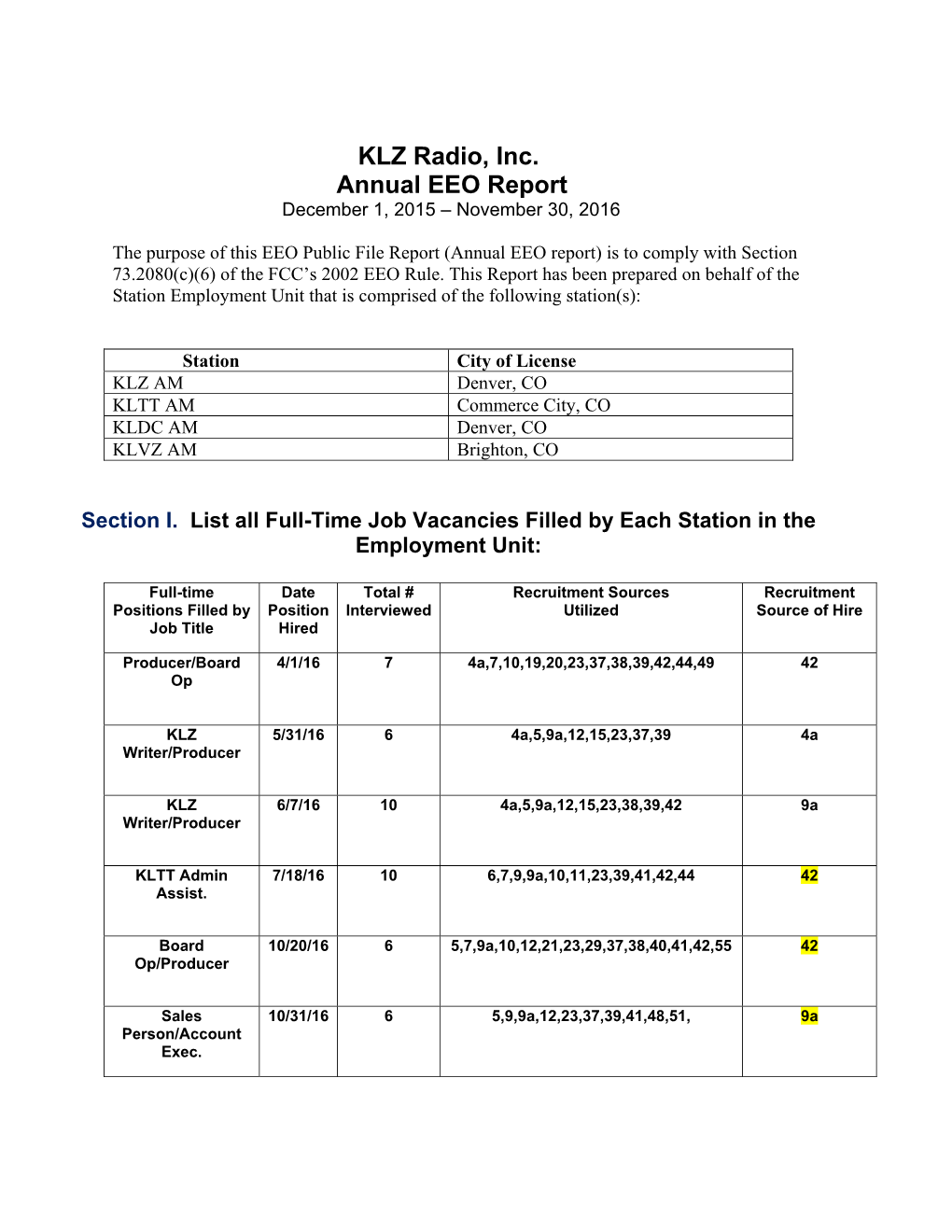 KLZ Radio, Inc. Annual EEO Report December 1, 2015 – November 30, 2016