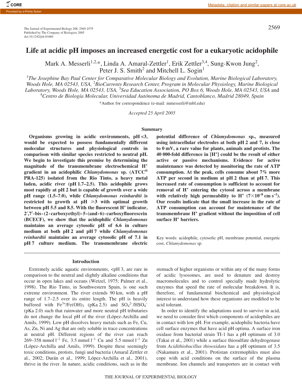 Life at Acidic Ph Imposes an Increased Energetic Cost for a Eukaryotic Acidophile Mark A