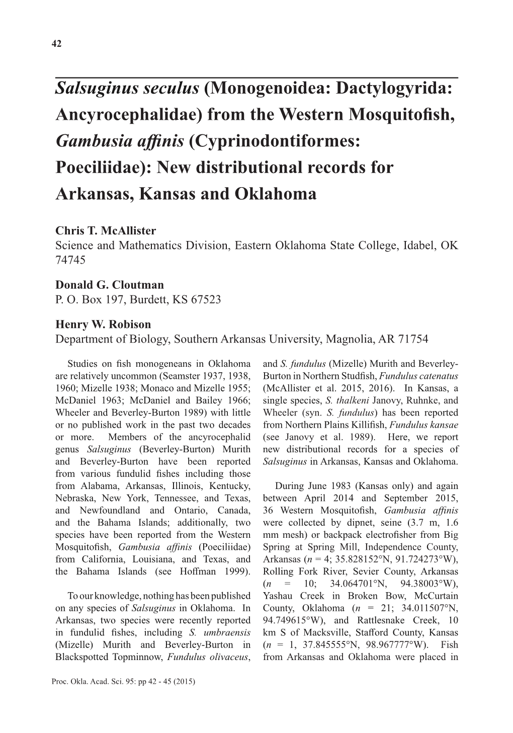 From the Western Mosquitofish, Gambusia Affinis (Cyprinodontiformes: Poeciliidae): New Distributional Records for Arkansas, Kansas and Oklahoma