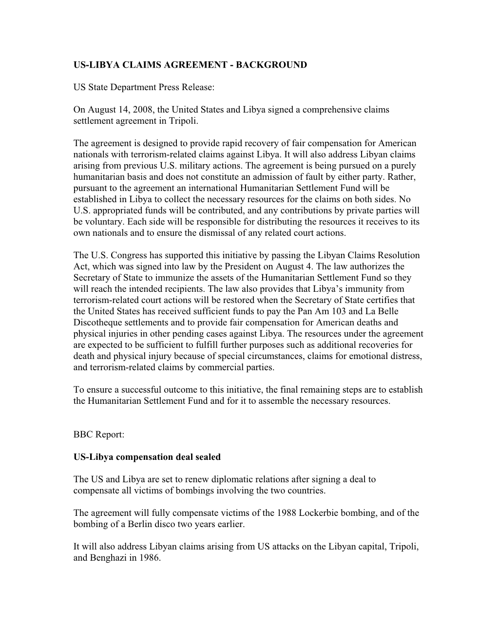 Us-Libya Claims Agreement - Background
