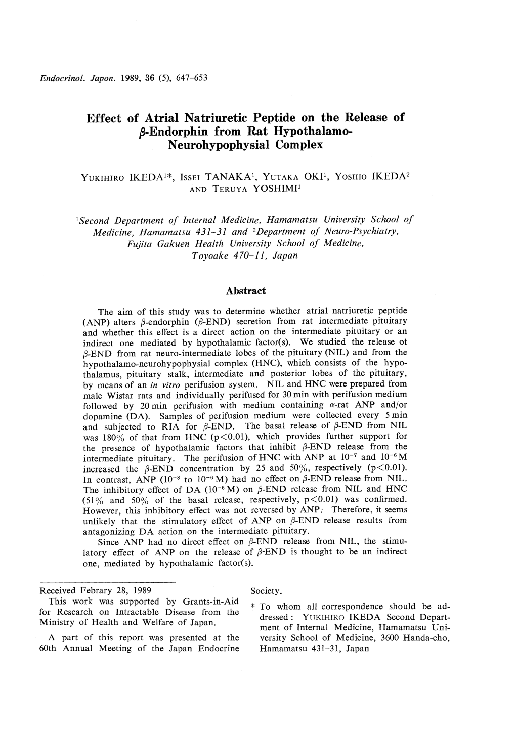 Effect of Atrial Natriuretic Peptide on the Release of 19-Endorphin from Rat Hypothalamo- Neurohypophysial Complex