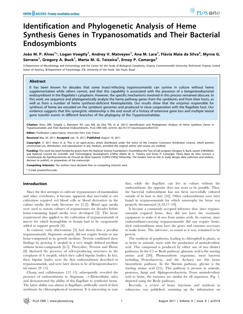 Identification and Phylogenetic Analysis of Heme Synthesis Genes in Trypanosomatids and Their Bacterial Endosymbionts