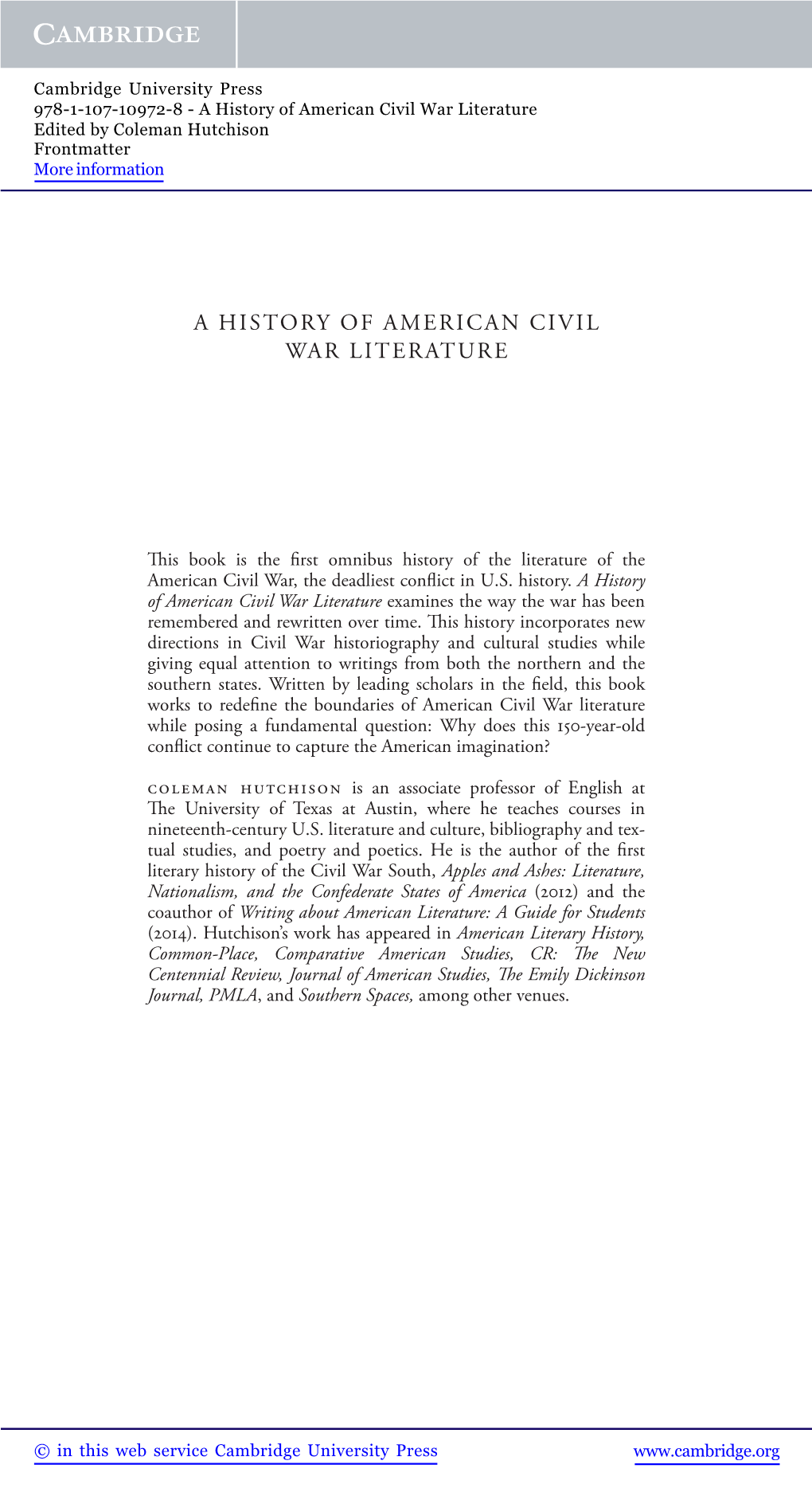 A History of American Civil War Literature Edited by Coleman Hutchison Frontmatter More Information