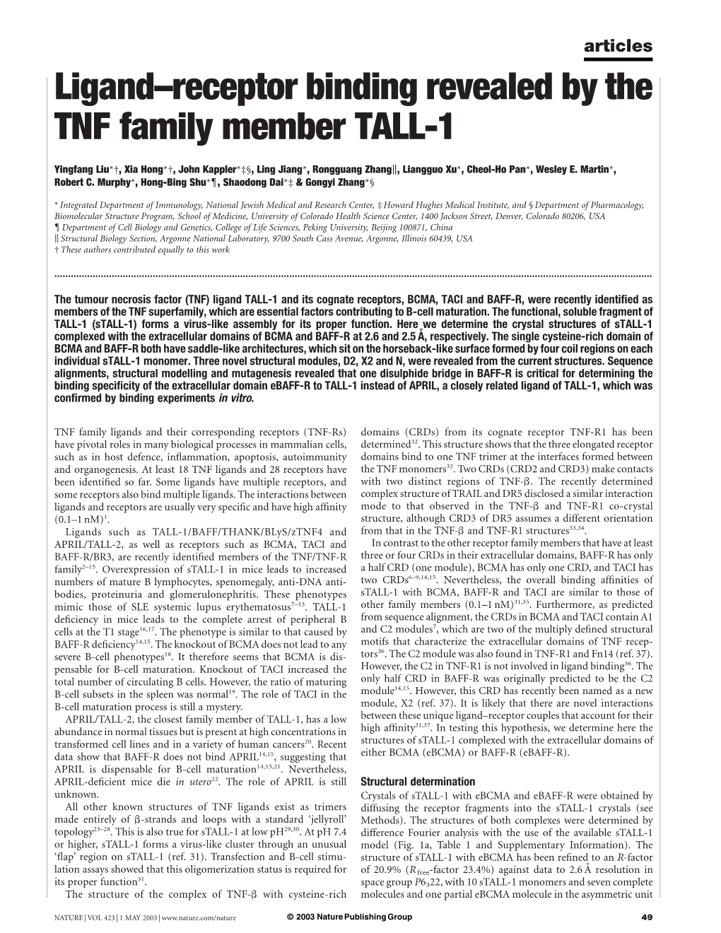 Ligand–Receptor Binding Revealed by the TNF Family Member TALL-1