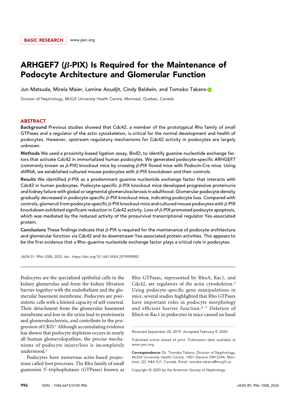 ARHGEF7 (B-PIX) Is Required for the Maintenance of Podocyte Architecture and Glomerular Function