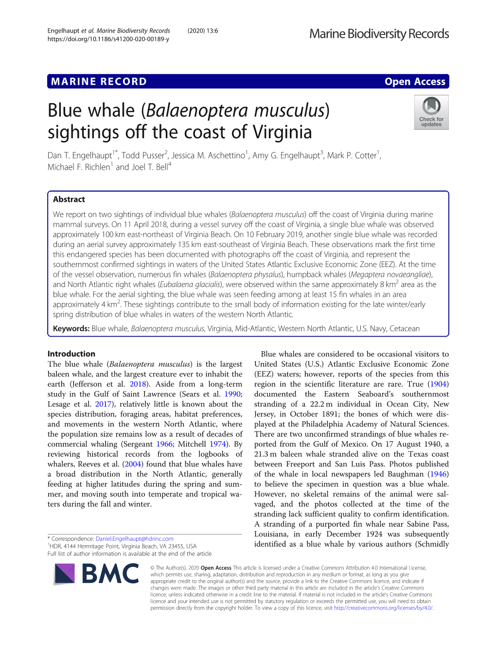 Blue Whale (Balaenoptera Musculus) Sightings Off the Coast of Virginia Dan T