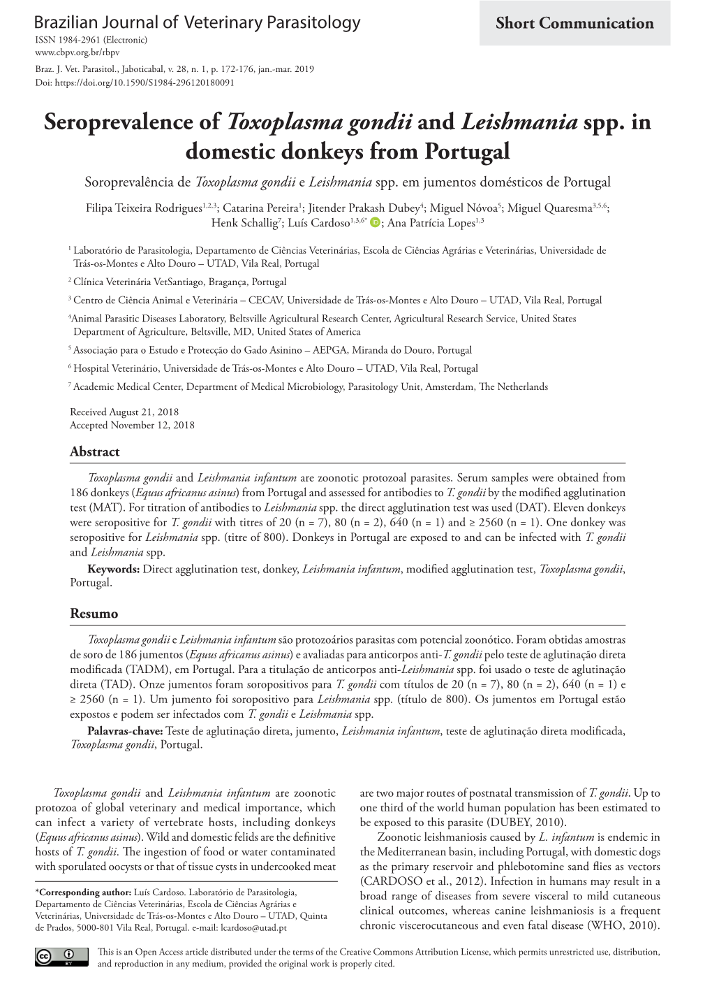 Seroprevalence of Toxoplasma Gondii and Leishmania Spp. in Domestic Donkeys from Portugal Soroprevalência De Toxoplasma Gondii E Leishmania Spp