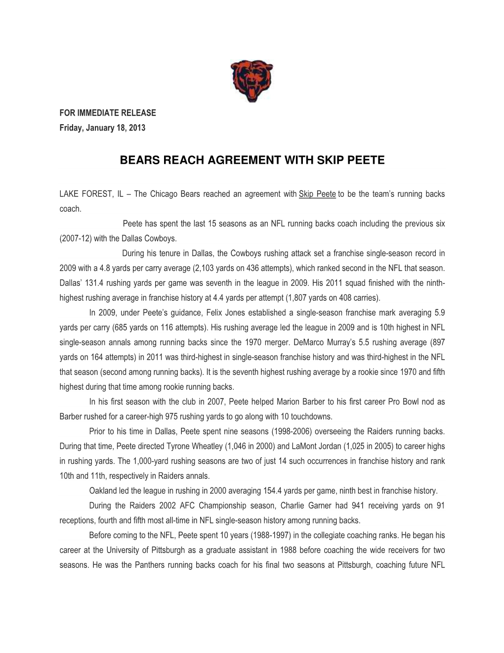 Bears Reach Agreement with Skip Peete