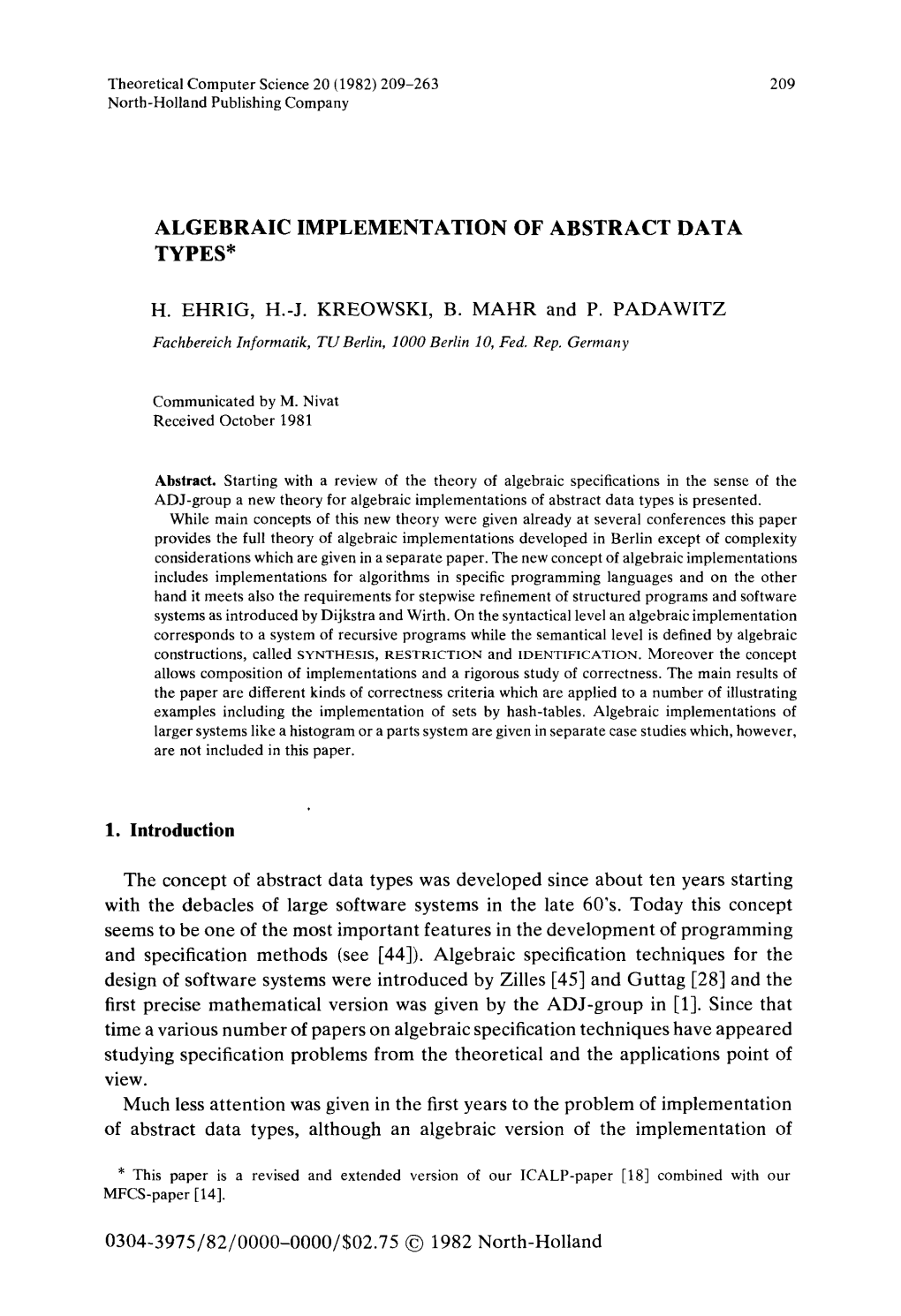 Algebraic Implementation of Abstract Data Types*