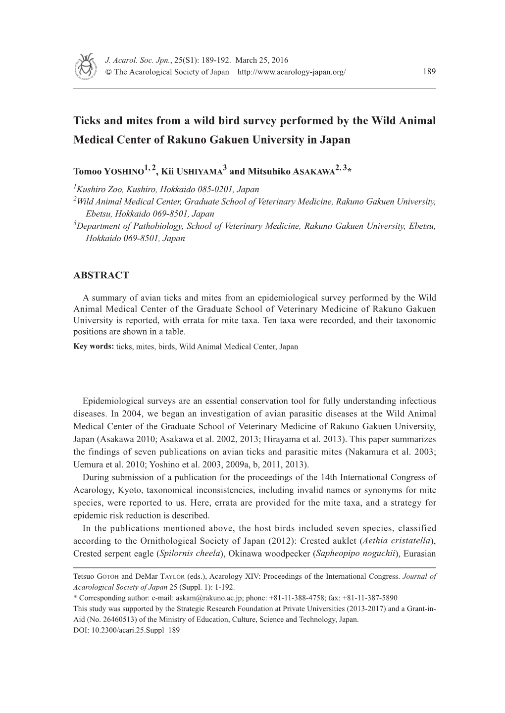 Ticks and Mites from a Wild Bird Survey Performed by the Wild Animal Medical Center of Rakuno Gakuen University in Japan