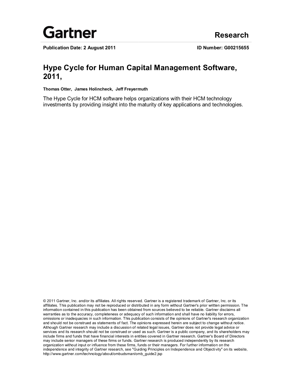 Research Hype Cycle for Human Capital Management Software, 2011