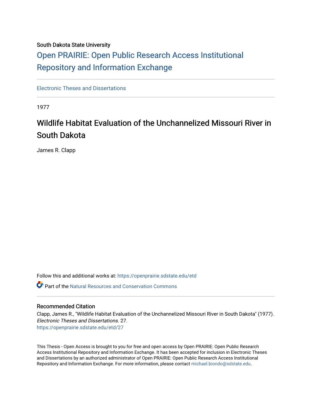 Wildlife Habitat Evaluation of the Unchannelized Missouri River in South Dakota