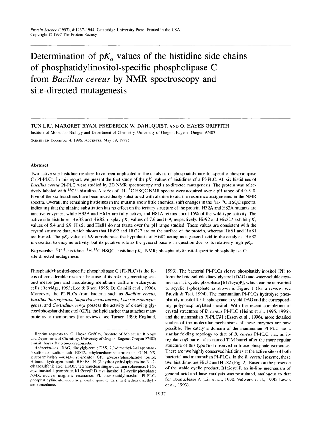 Determination of Pk, Values of the Histidine Side