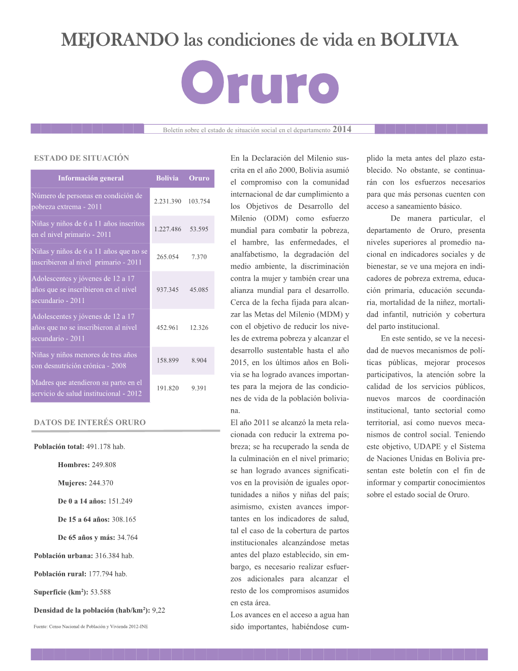 Oruro Boletín Sobre El Estado De Situación Social En El Departamento 2014