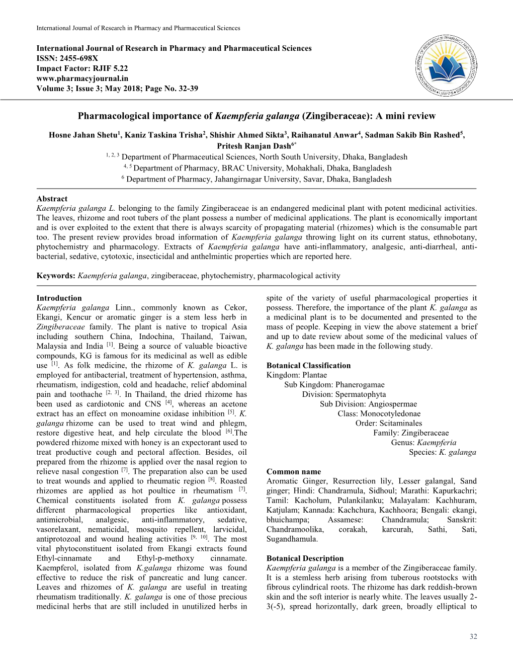 Pharmacological Importance of Kaempferia Galanga (Zingiberaceae): a Mini Review