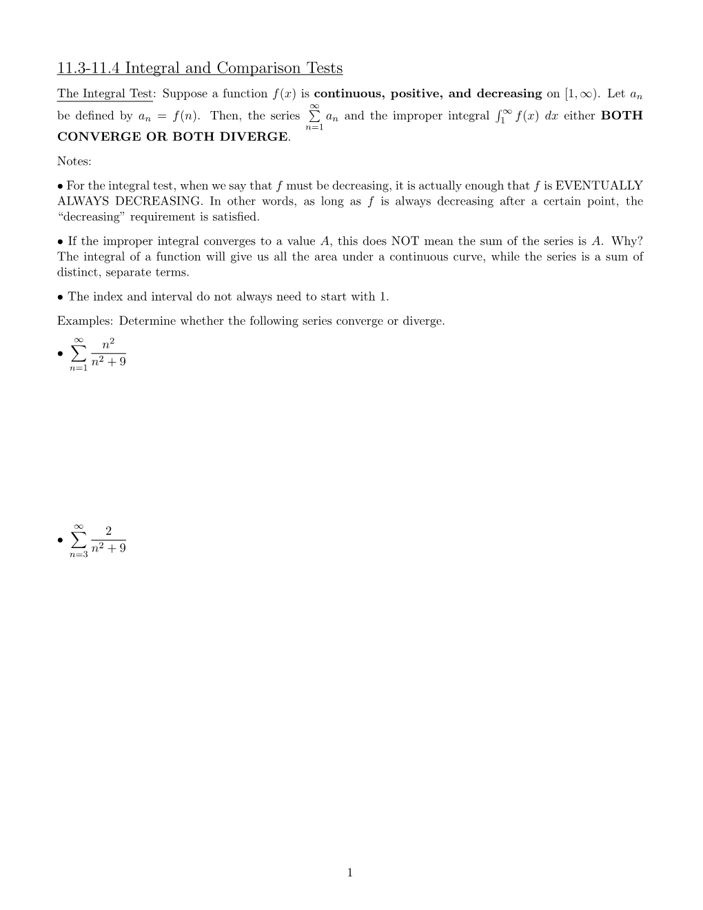 11.3-11.4 Integral and Comparison Tests