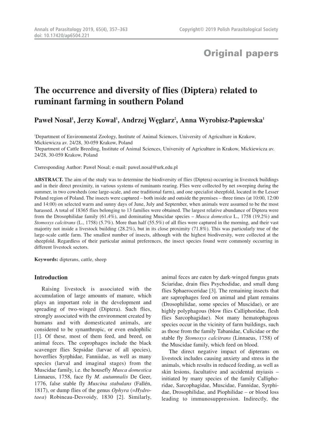 Original Papers the Occurrence and Diversity of Flies (Diptera) Related to Ruminant Farming in Southern Poland