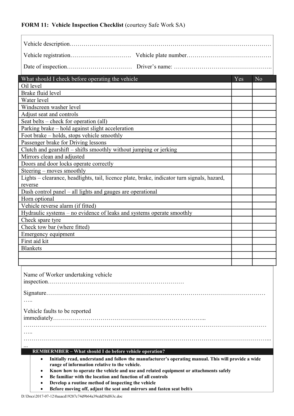 FORM 11: Vehicle Inspection Checklist (Courtesy Work Safe SA)