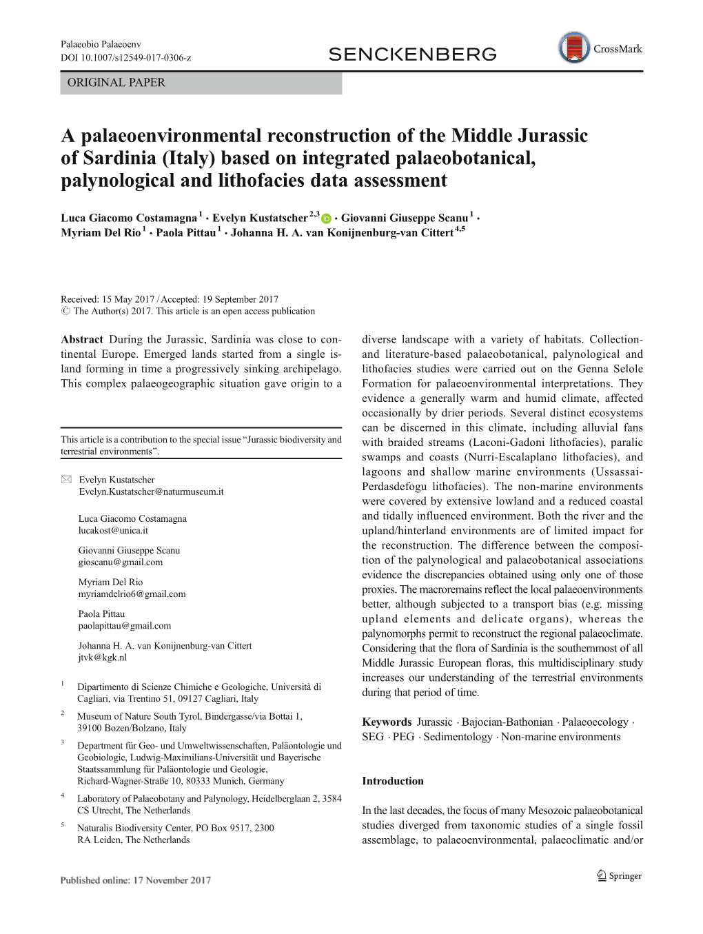 A Palaeoenvironmental Reconstruction of the Middle Jurassic of Sardinia (Italy) Based on Integrated Palaeobotanical, Palynological and Lithofacies Data Assessment