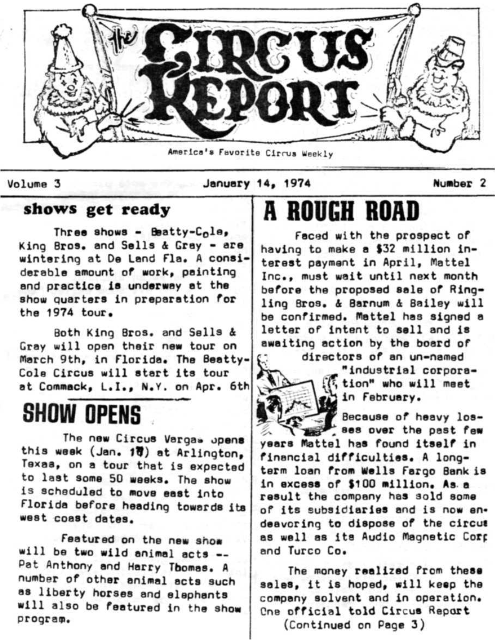 Circus Report, January 14, 1974, Vol. 3, No. 2