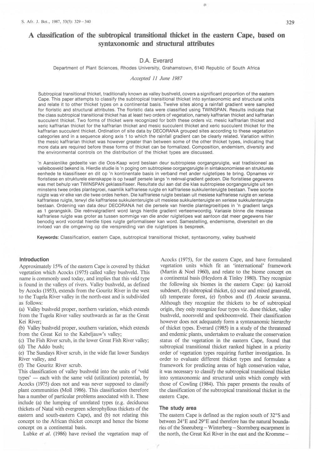 A Classification of the Subtropical Transitional Thicket in the Eastern Cape, Based on Syntaxonomic and Structural Attributes