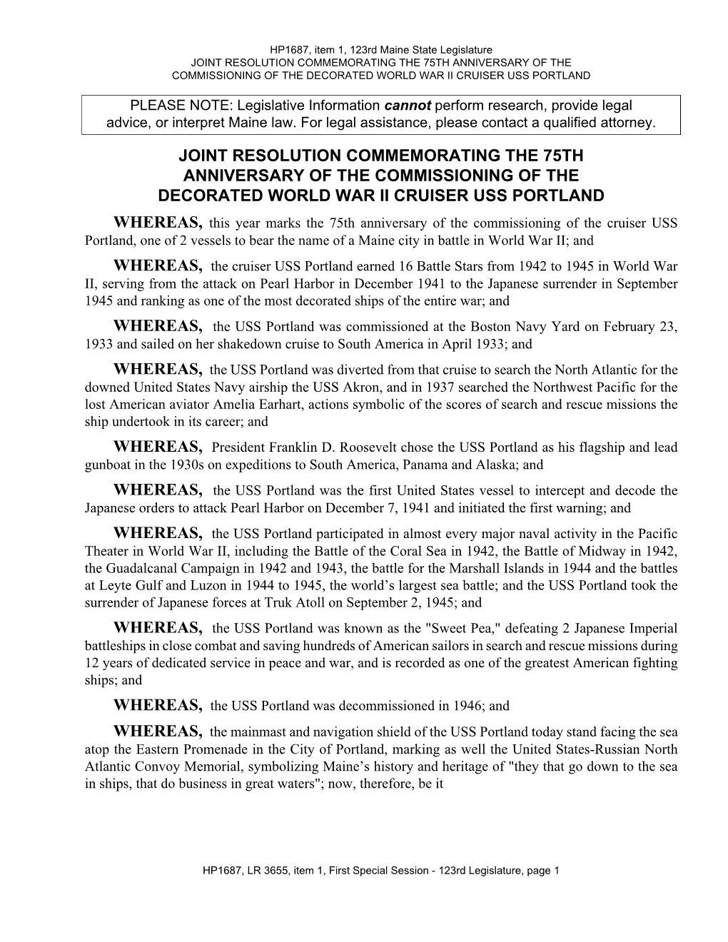 Joint Resolution Commemorating the 75Th Anniversary of the Commissioning of the Decorated World War Ii Cruiser Uss Portland