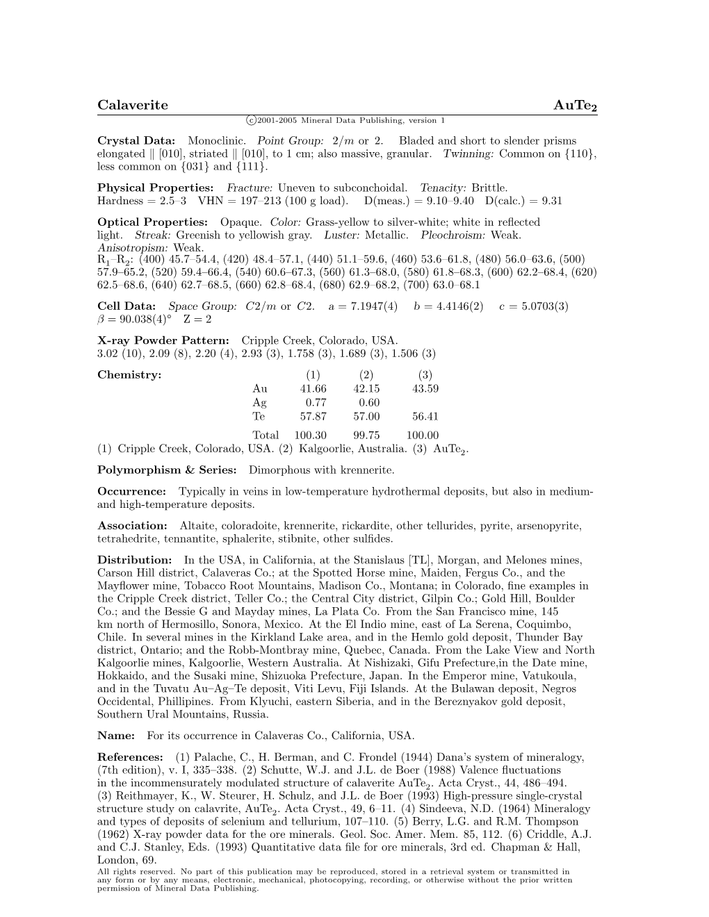 Calaverite Aute2 C 2001-2005 Mineral Data Publishing, Version 1 Crystal Data: Monoclinic