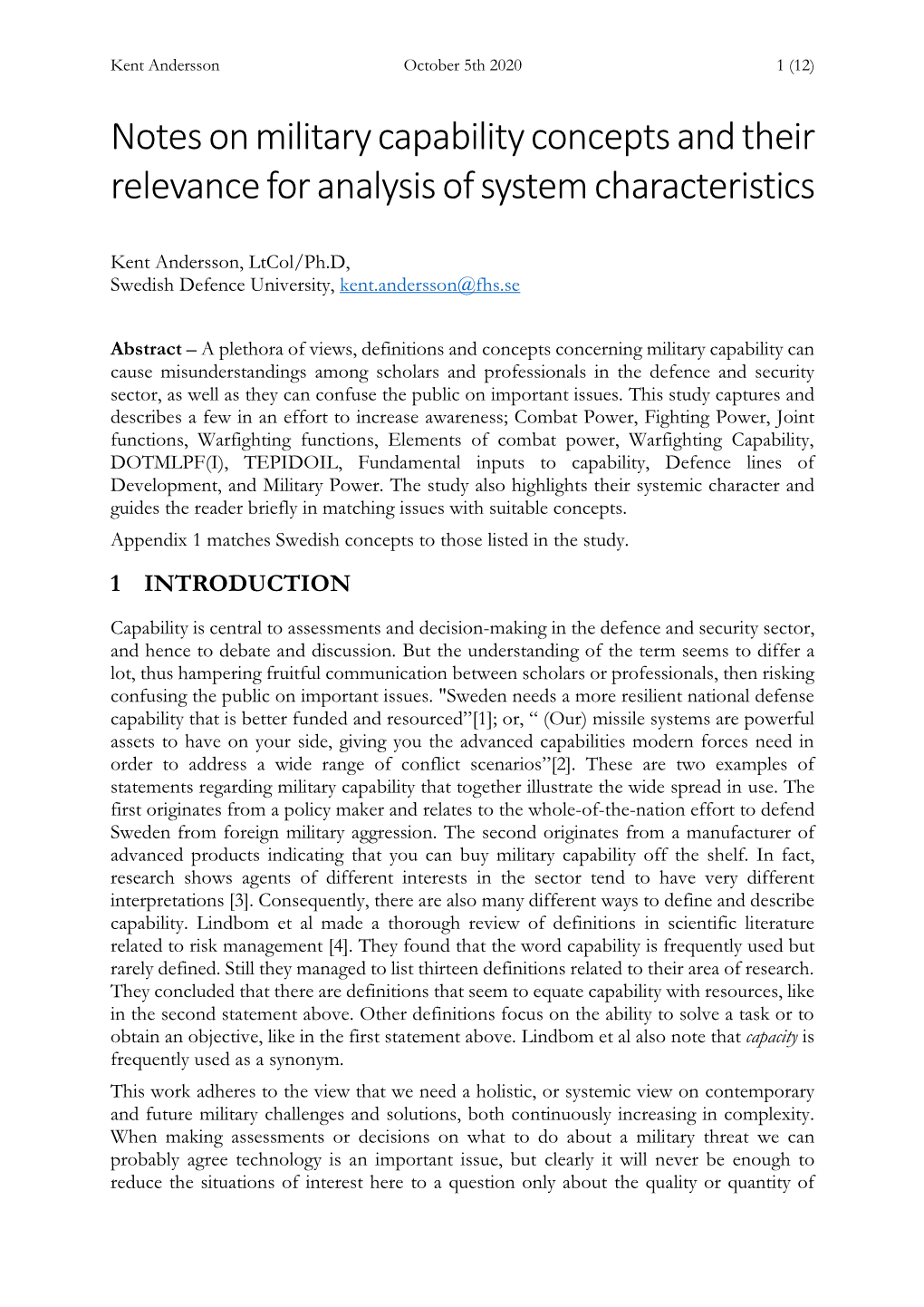 Notes on Military Capability Concepts and Their Relevance for Analysis of System Characteristics