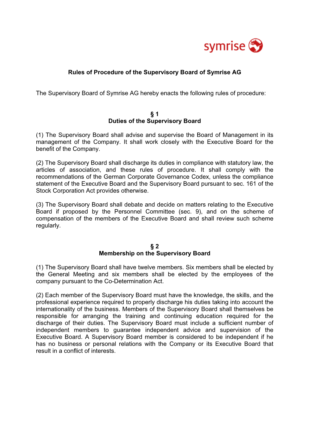 Rules of Procedure of the Supervisory Board of Symrise AG The