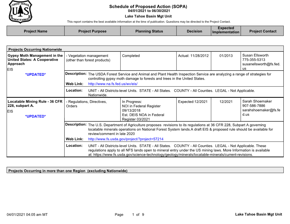 Schedule of Proposed Action (SOPA) 04/01/2021 to 06/30/2021 Lake Tahoe Basin Mgt Unit This Report Contains the Best Available Information at the Time of Publication