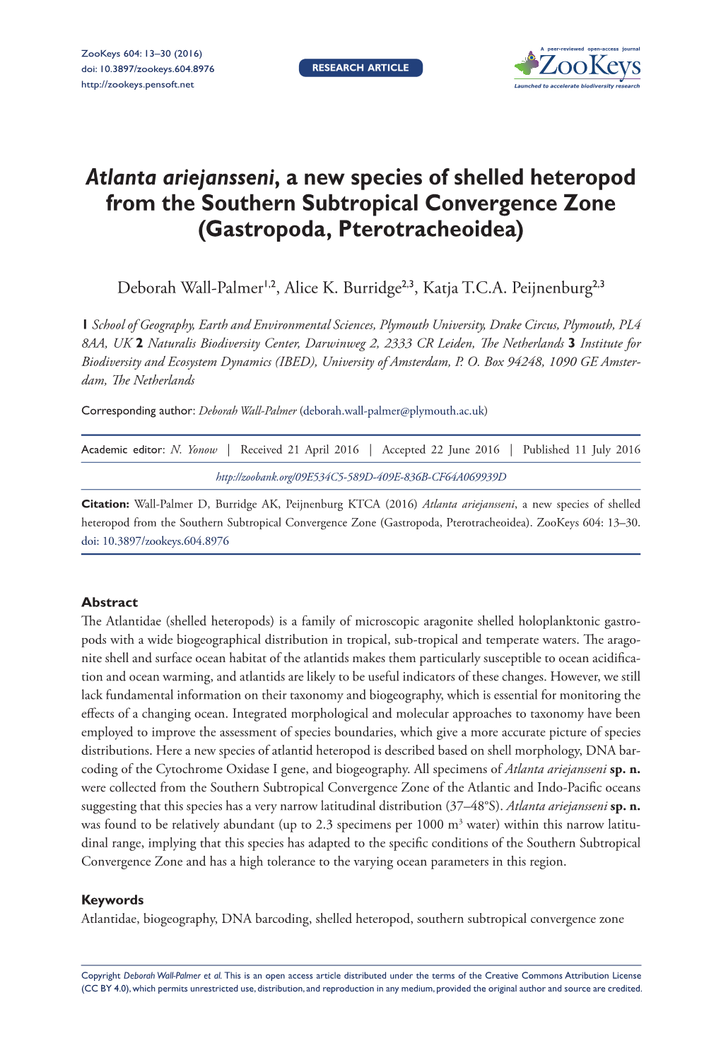 Atlanta Ariejansseni, a New Species of Shelled Heteropod from the Southern Subtropical Convergence Zone (Gastropoda, Pterotracheoidea)