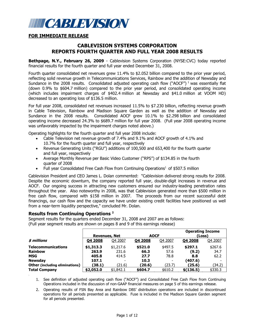 Cablevision Systems Corporation Reports Fourth Quarter and Full Year 2008 Results