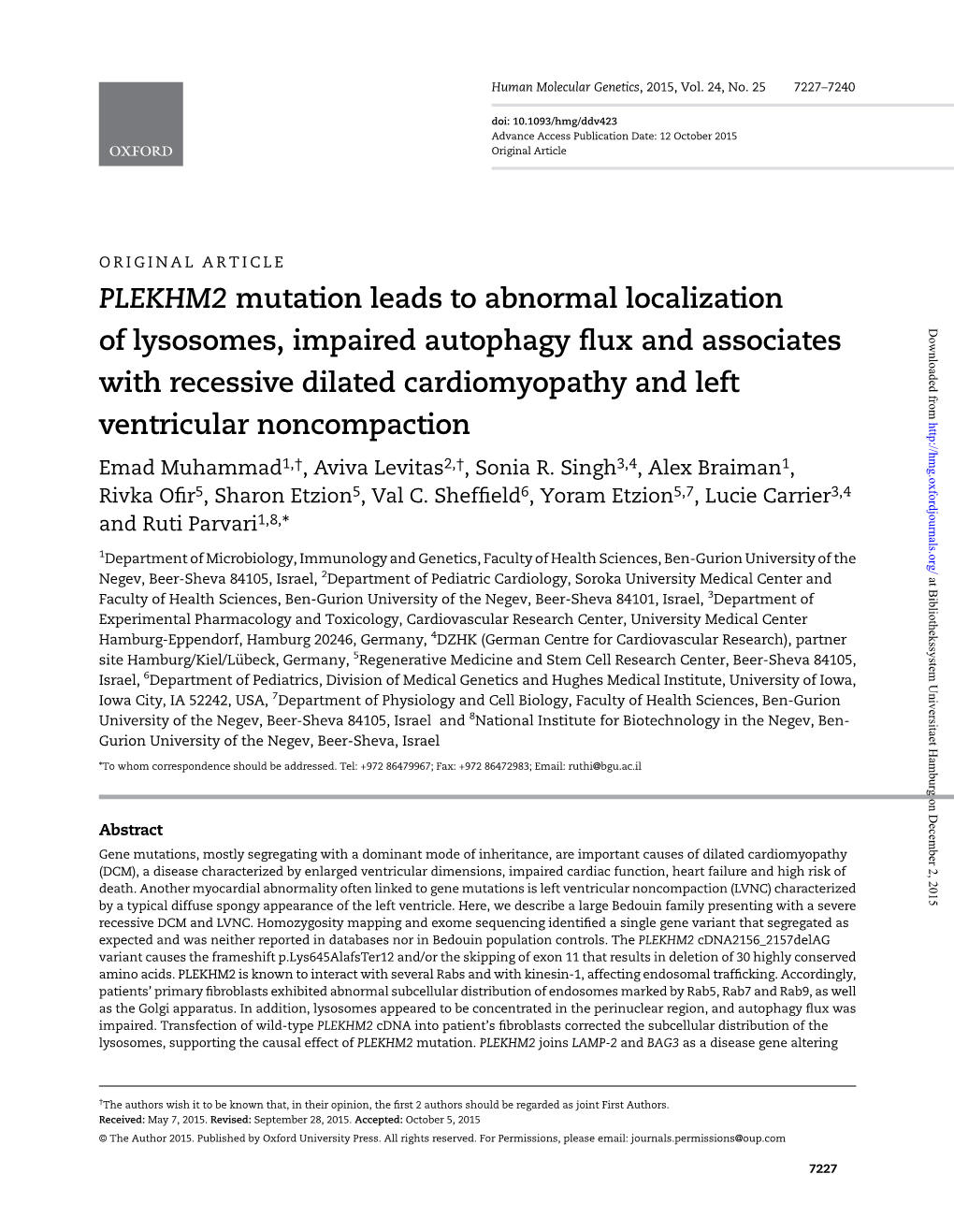 PLEKHM2 Mutation Leads to Abnormal Localization of Lysosomes, Impaired