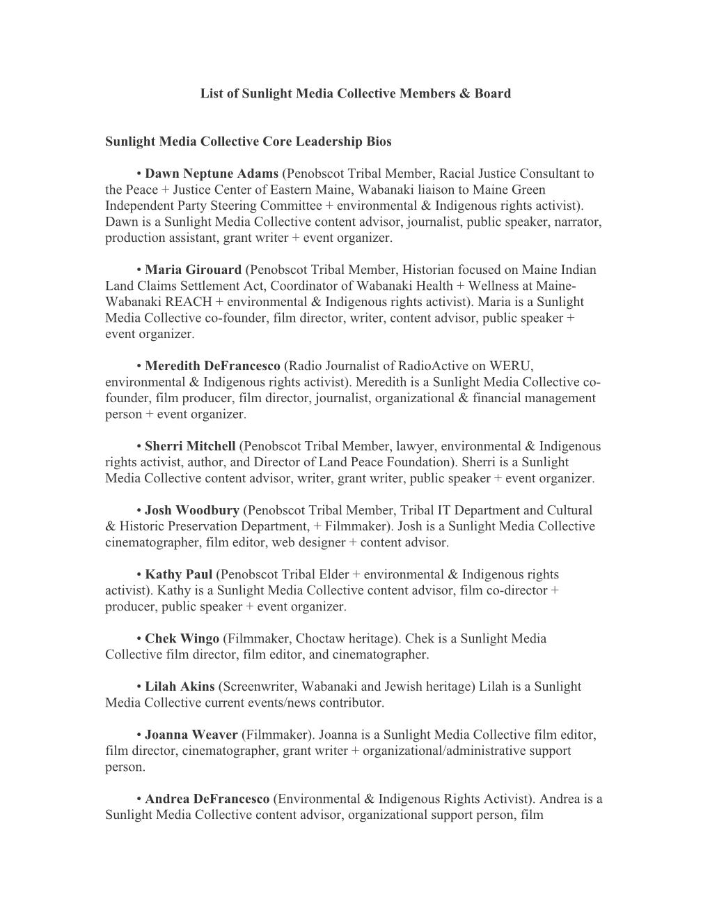 List of Sunlight Media Collective Members & Board Sunlight Media