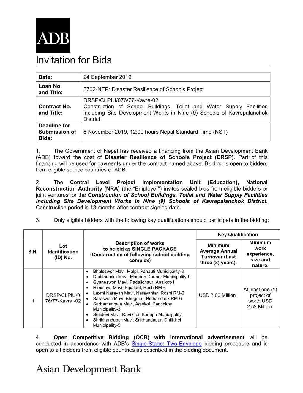 3702-NEP: Disaster Resilience of Schools Project and Title: DRSP/CLPIU/076/77-Kavre-02 Contract No