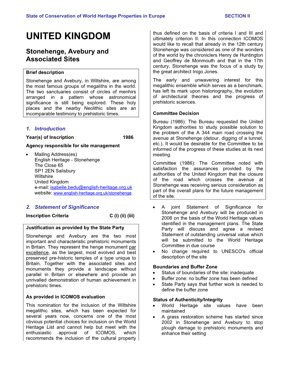 Section II: Summary of the Periodic Report on the State of Conservation