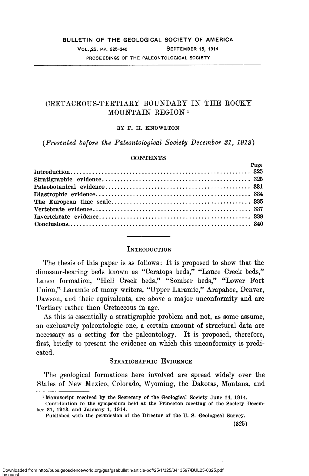 CRETACEOUS-TERTIARY BOUNDARY Ijst the ROCKY MOUNTAIN REGION1