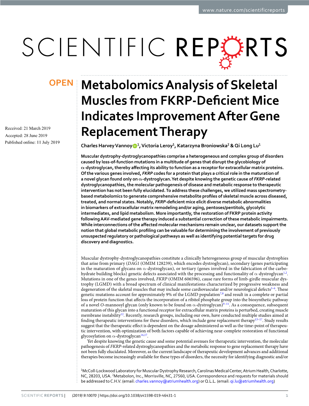 Metabolomics Analysis of Skeletal Muscles from FKRP-Deficient Mice