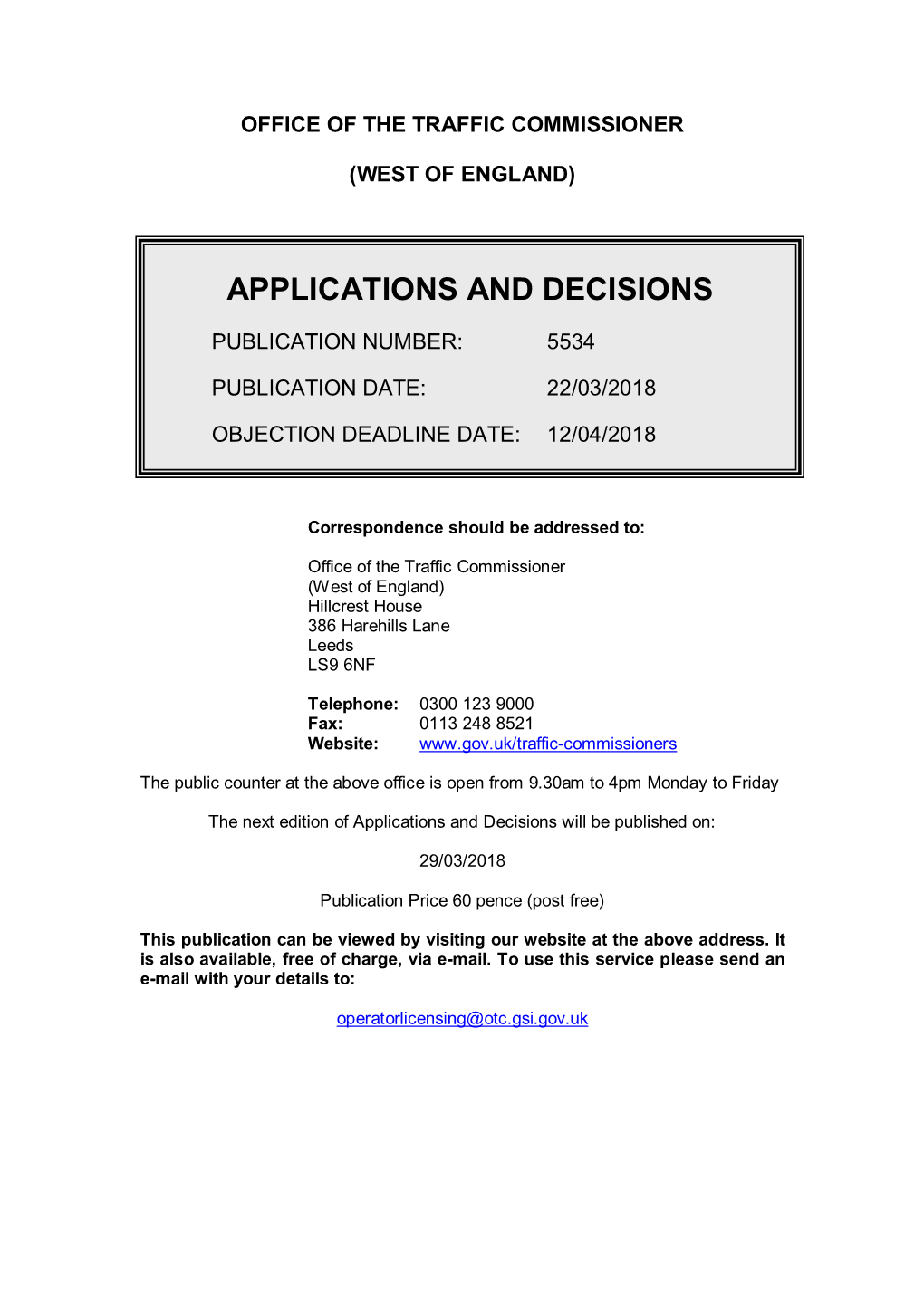 Applications and Decisions 5534: Office of the Traffic Commissioner