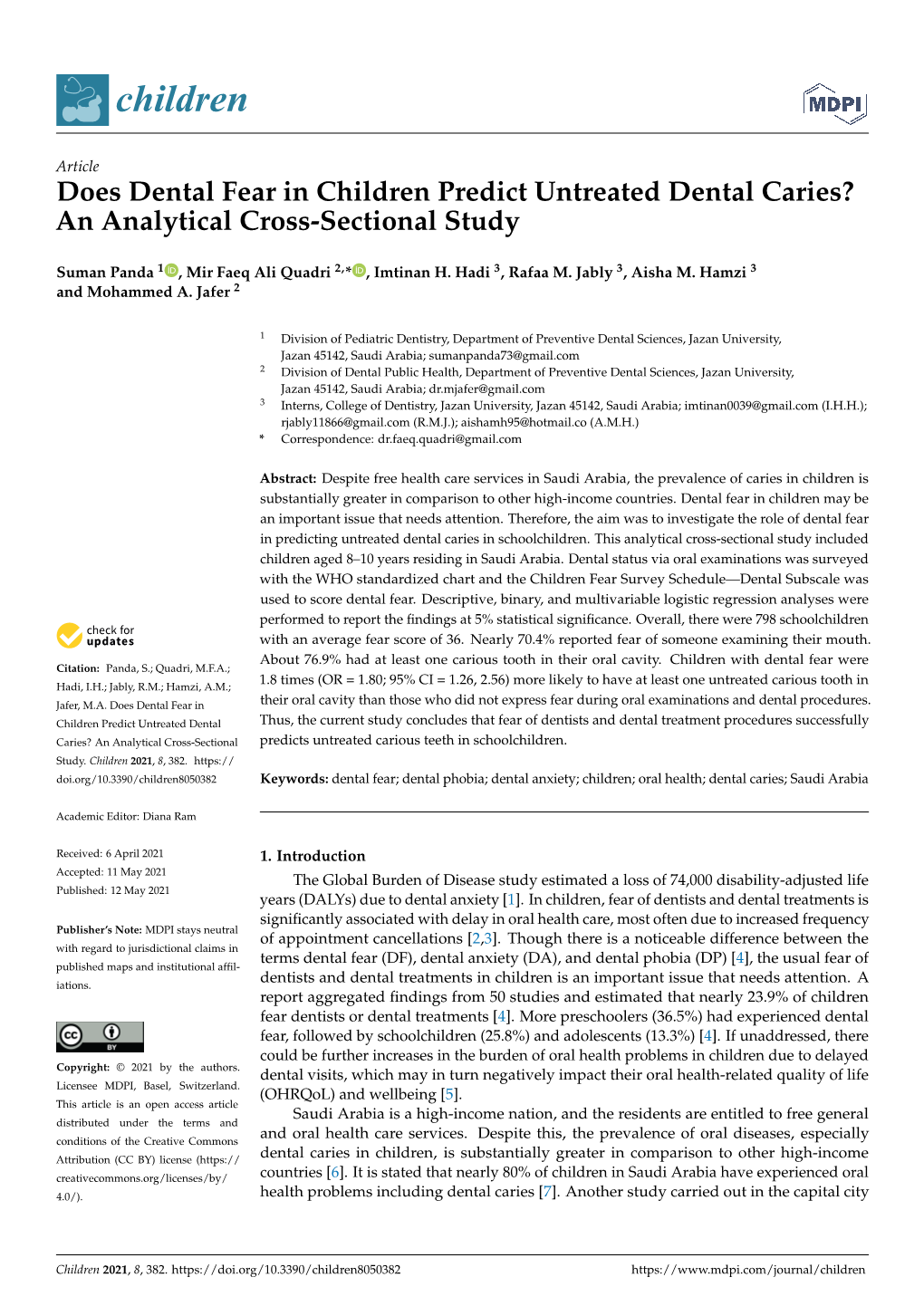 Does Dental Fear in Children Predict Untreated Dental Caries? an Analytical Cross-Sectional Study