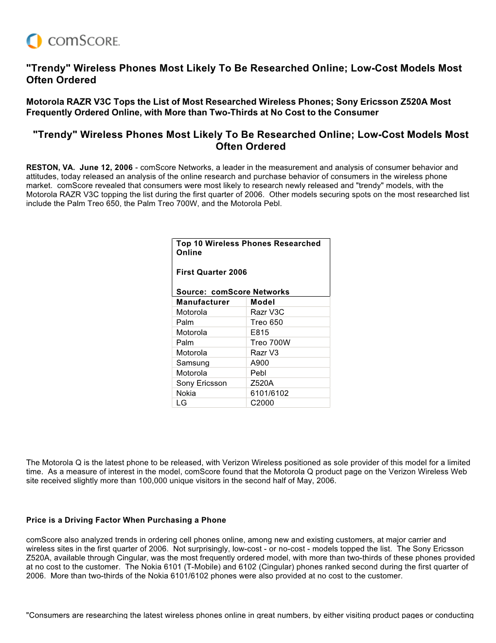 "Trendy" Wireless Phones Most Likely to Be Researched Online; Low-Cost Models Most Often Ordered